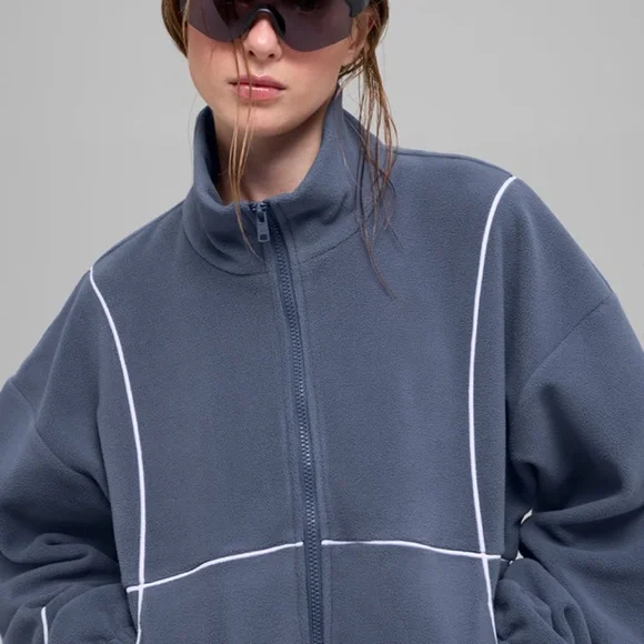 Alo Yoga Polar Fleece Game Time Full Zip Jacket (Blue Stone White) - Picture 3 of 5